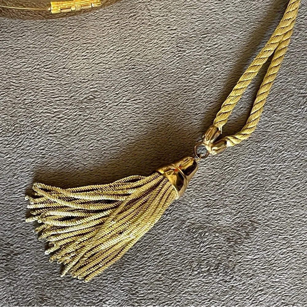 Vintage Italian Gold Metal Embossed Oval Evening Clutch with Tassel Wristlet